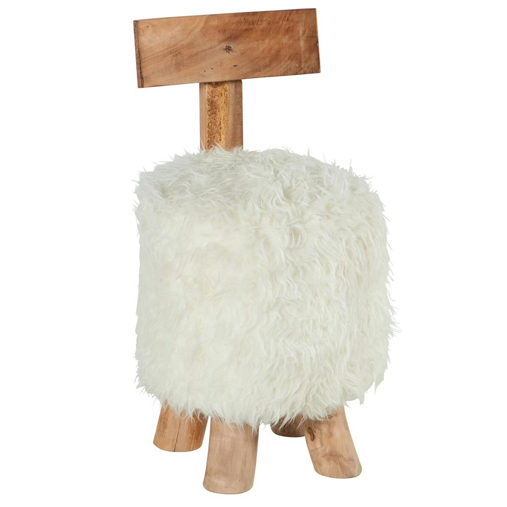 Pouf Tabouret avec dossier en bois de Suar naturel et assise en fourrure synthétique blanche D37xH71cm CANADA