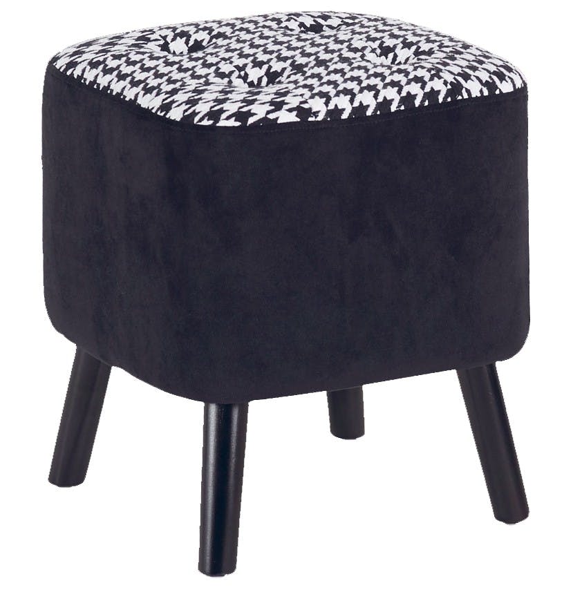 Pouf tabouret carré tissu pied de poule et pieds bouleau laqué noir D35,5cm H40cm DANCE