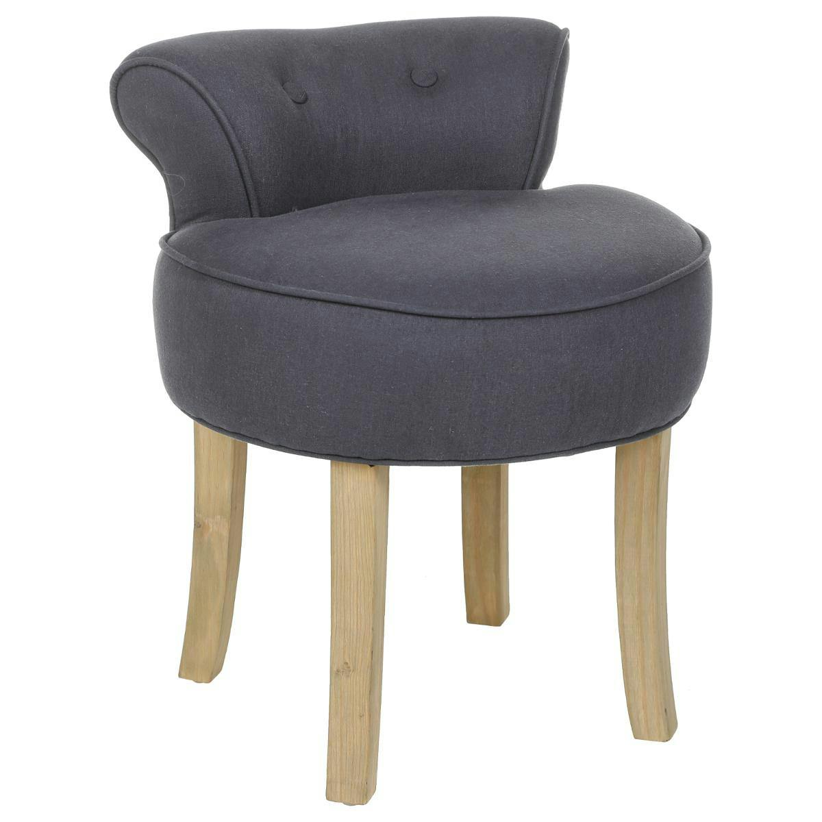 Pouf tabouret rond avec dossier capitonné lin anthracite bleuté 46x49x58