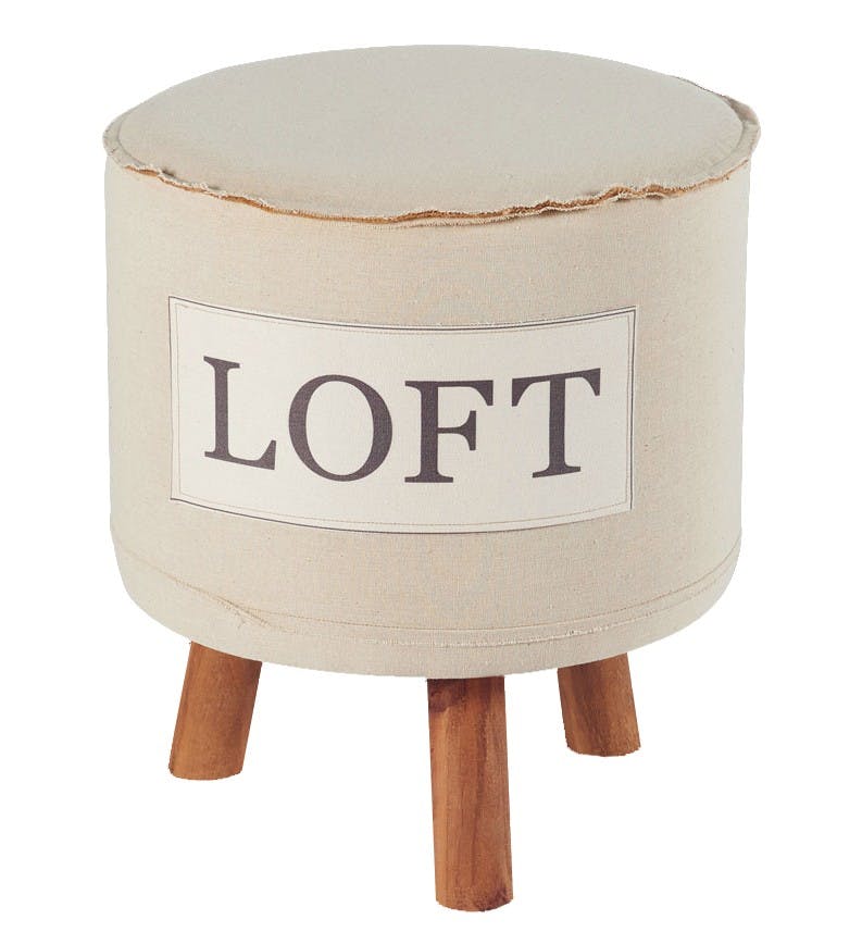 Pouf tabouret rond "Loft" tissu écru et pieds pin D42cm H48cm LYNE
