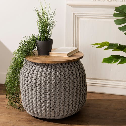 Pouf tressé assise bois MAURAI