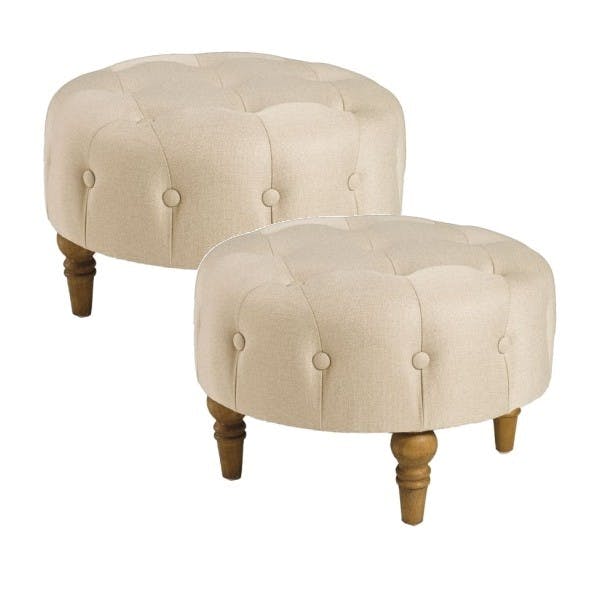 Poufs ronds à boutons tissu couleur naturelle BRITISH lot de 2