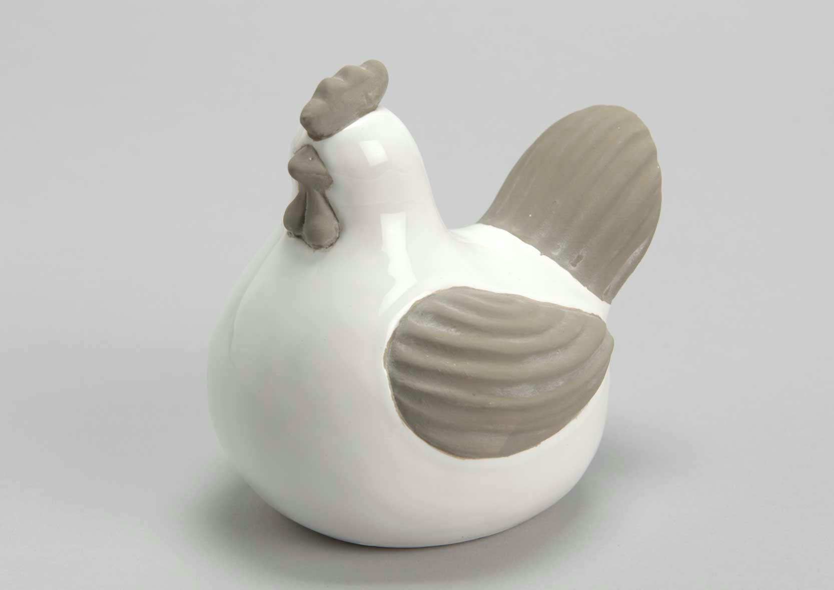 Poule céramique blanche et taupe aspect brillant et mat 13x10x12cm