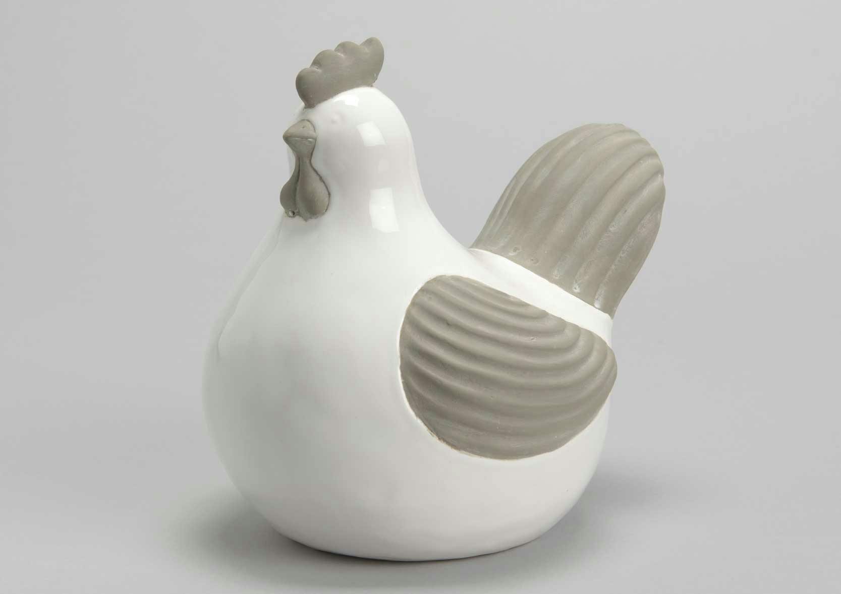 Poule céramique blanche et taupe aspect brillant et mat 18x13,5x18cm