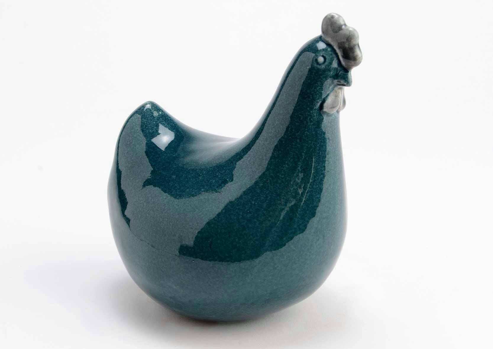 Poule céramique bleu nuit avec crête couleur argent 12x14x17cm