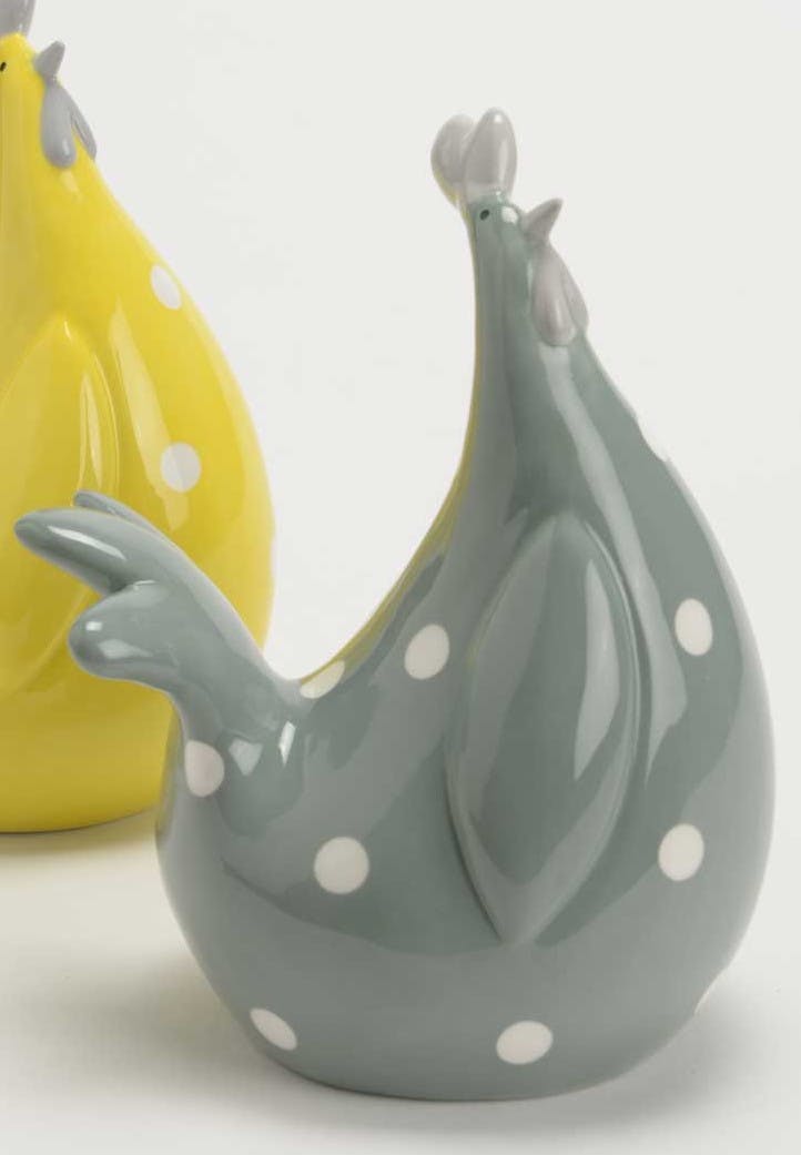 Poule céramique gris-vert à pois blancs aspect brillant 16x10x17cm