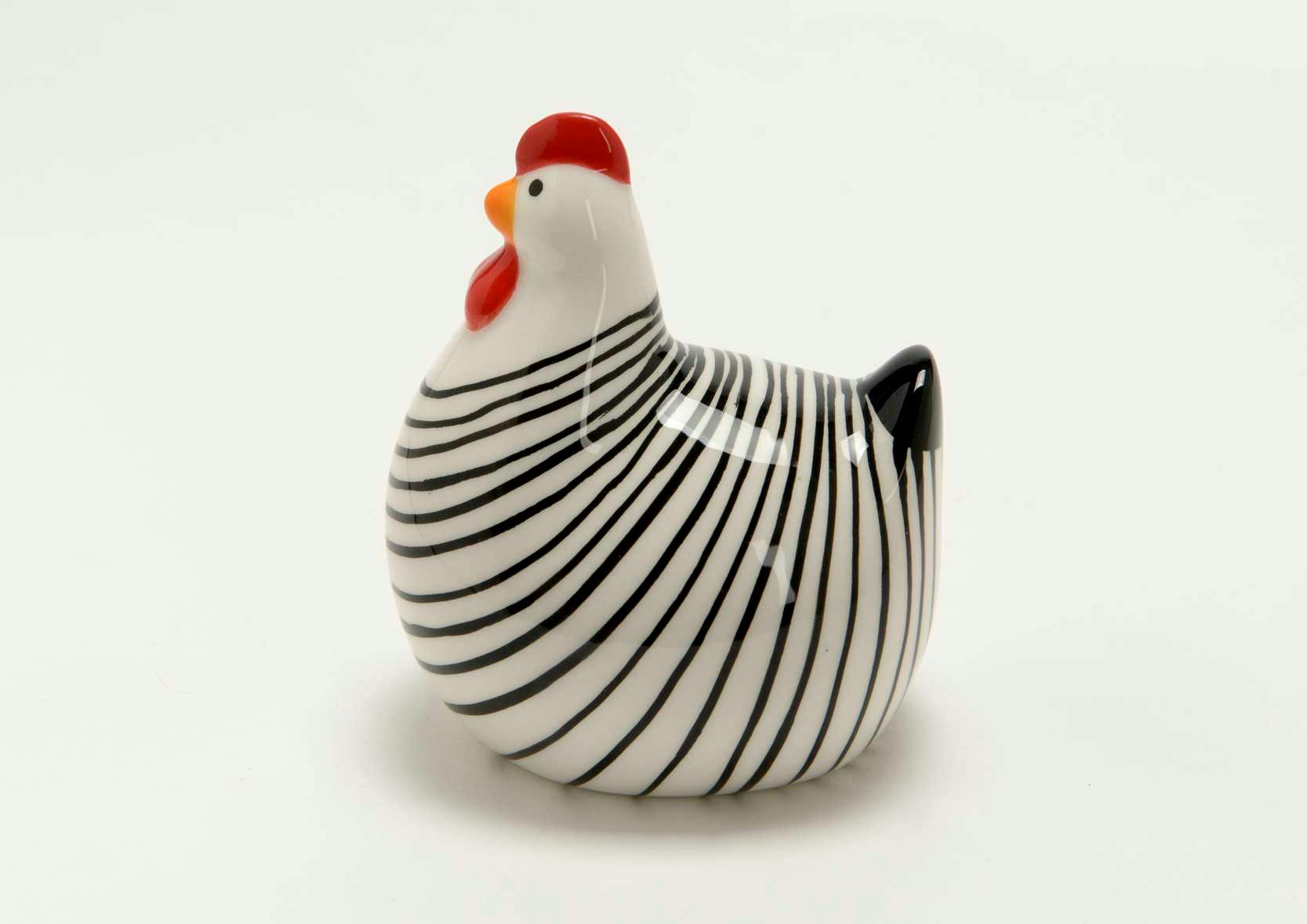 Poule céramique noire et blanche à rayures 6x8x9cm