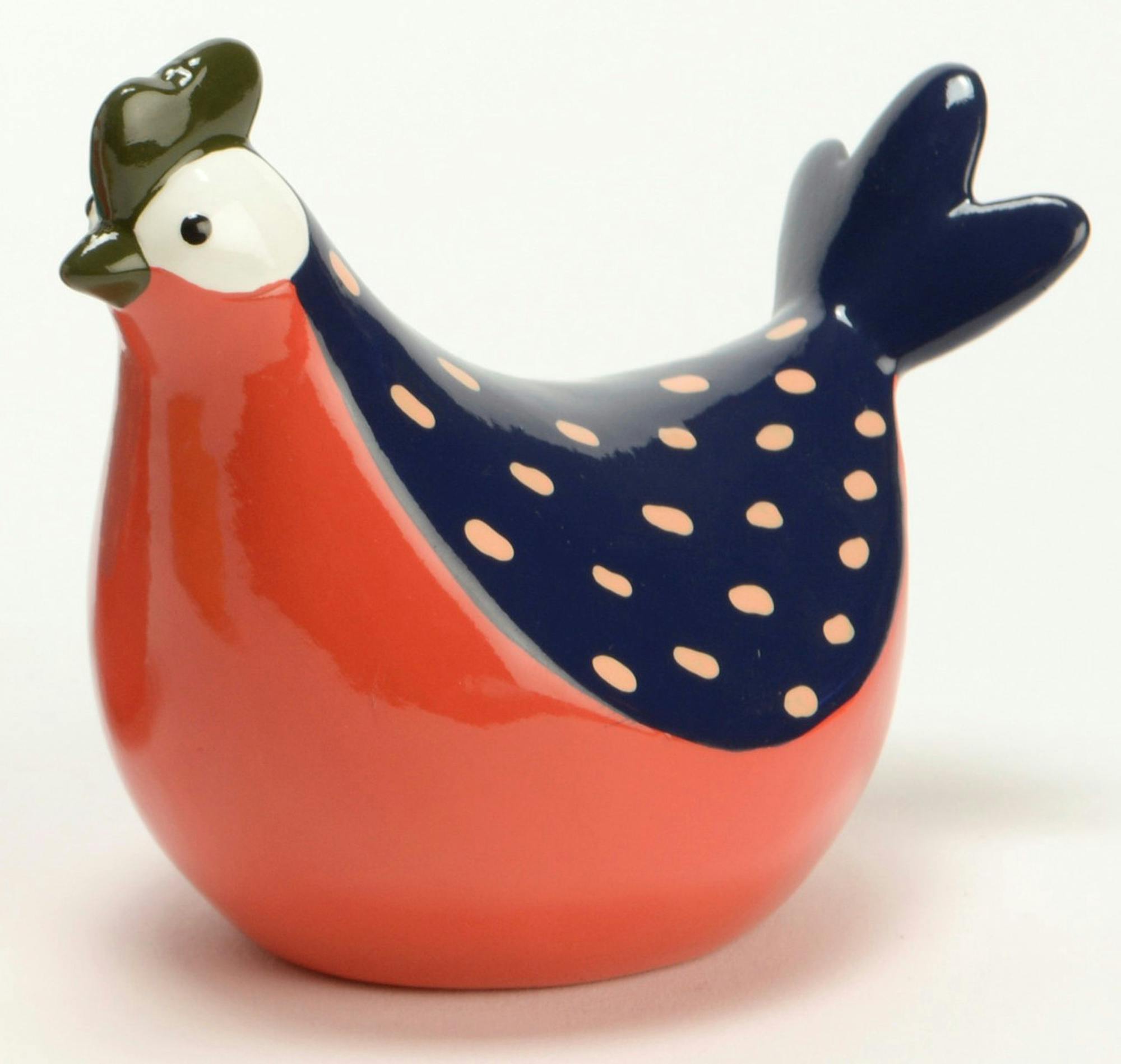 Poule corail orangé et bleu foncé à pois