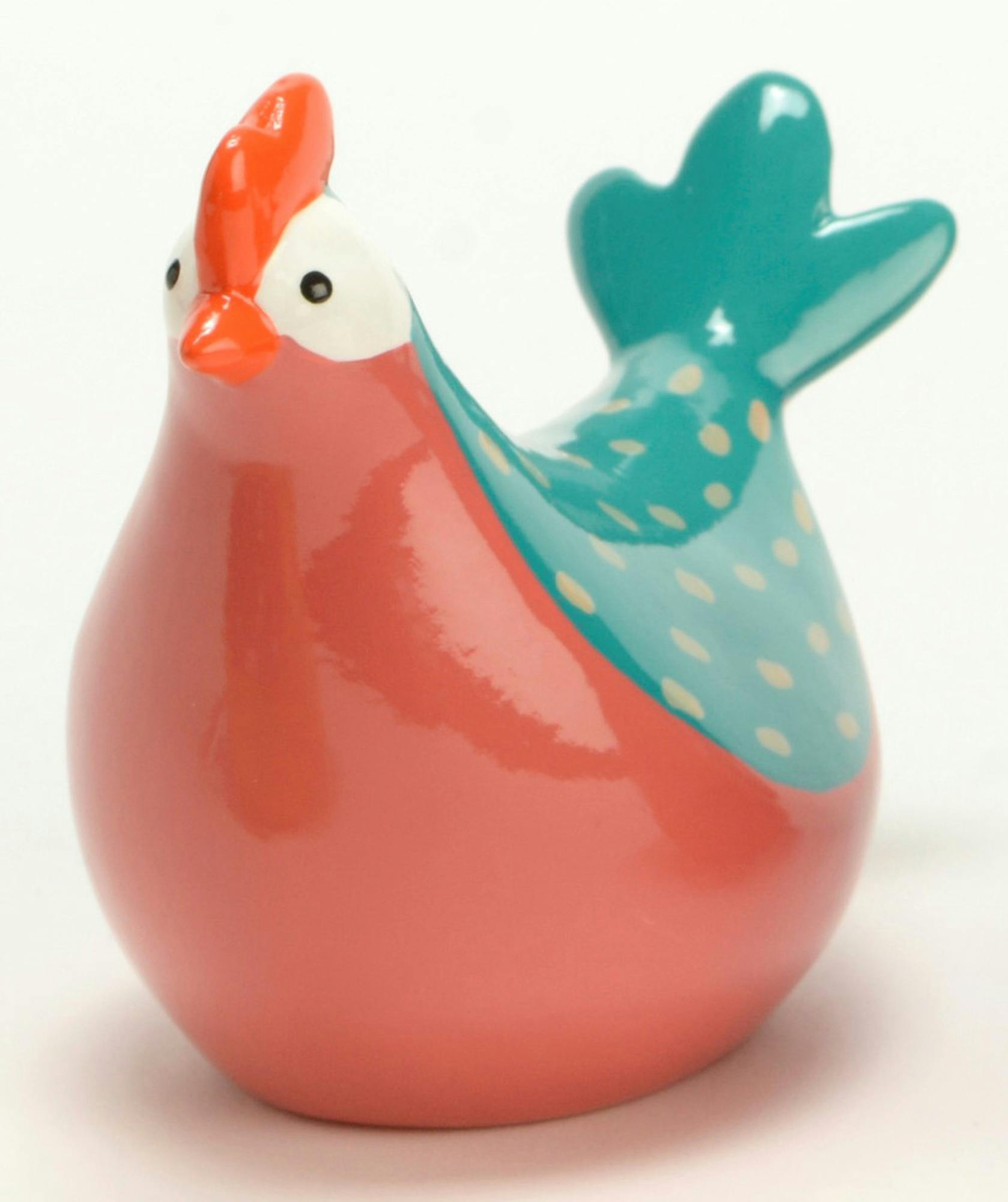 Poule corail orangé et turquoise à pois