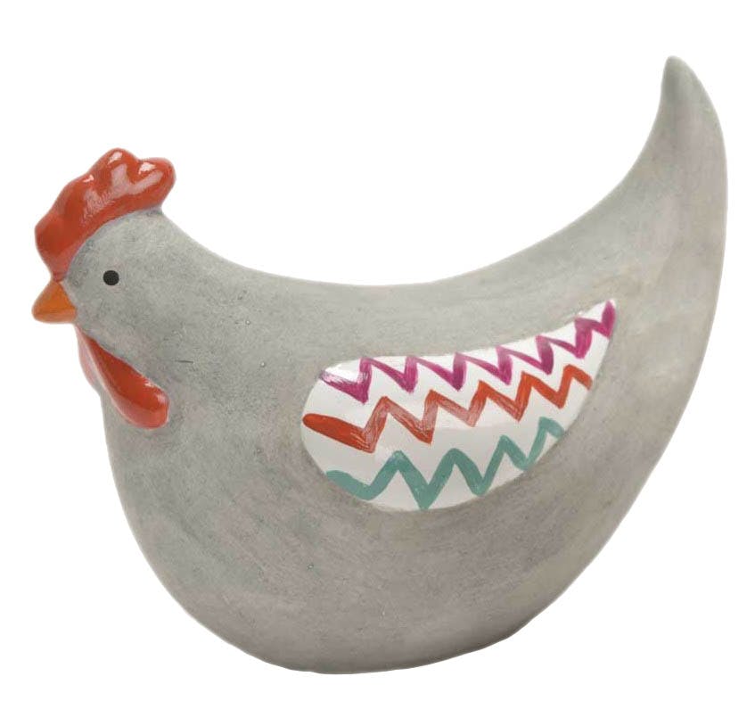 Poule terracotta grise avec ailes blanches zigzags colorés aspect brillant et mat 8x16x12cm