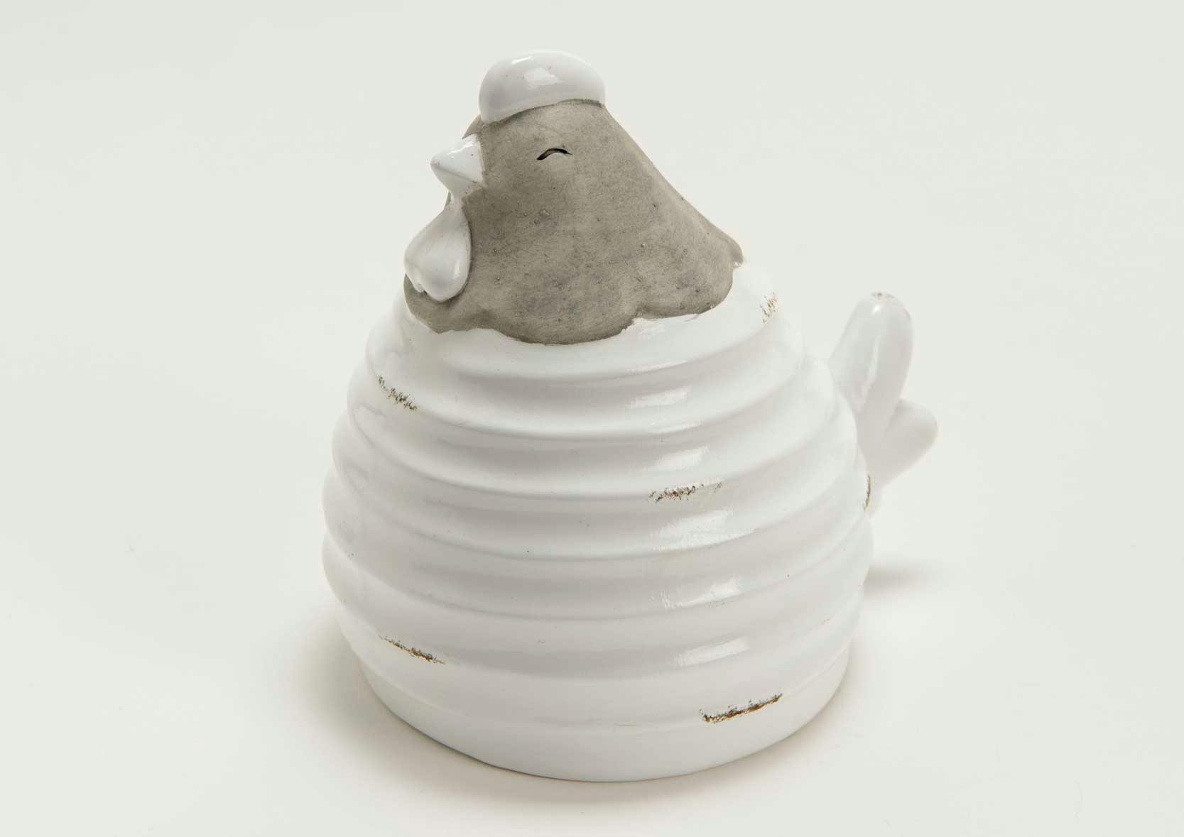 Poule terracotta striée blanche et taupe aspect brillant et mat 10x12x14cm
