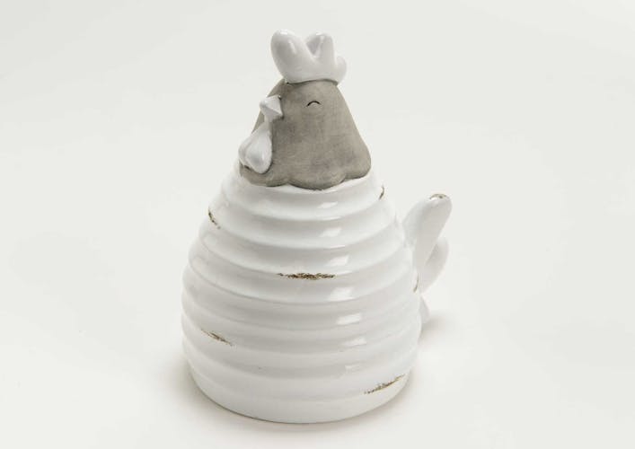 Poule terracotta striée blanche et taupe aspect brillant et mat 10x14x17cm