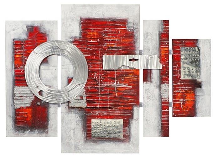 Quadriptyque 115x159 - peinture abstraite rouge et argent, ajout feuilles métal