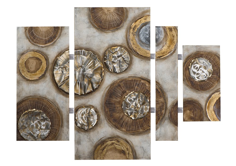 Quadryptique ABSTRAIT Cercles peinture acrylique et éléments métal - tons blancs, beiges, marrons, dorés et argentés 100x134cm