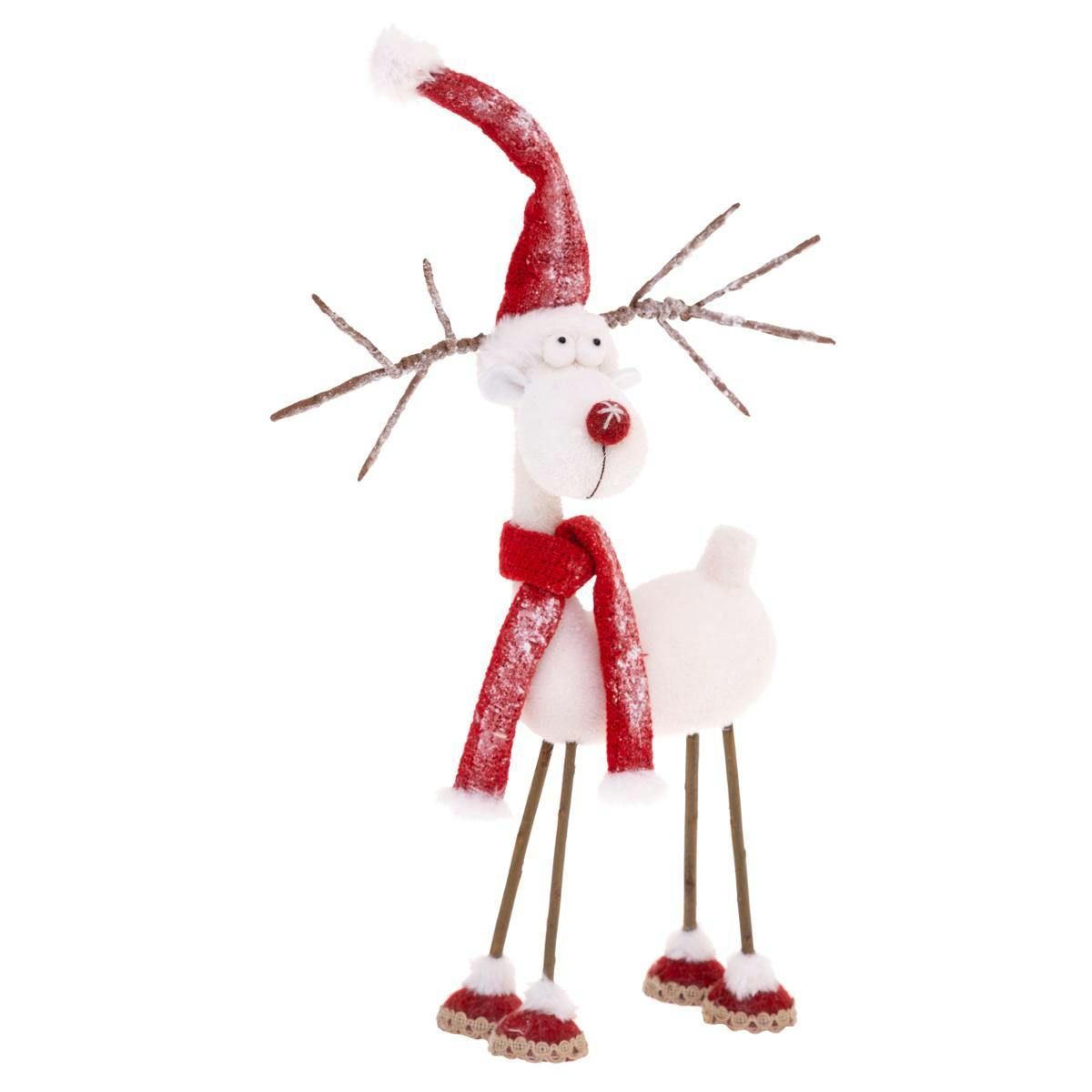 Renne fun à grandes pattes blanc et rouge 44 cm