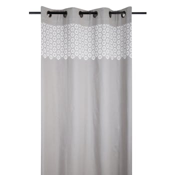 Rideau charme motif fleurs géométriques gris et blanc 135x260cm à oeillets 100% coton JANE GRIS