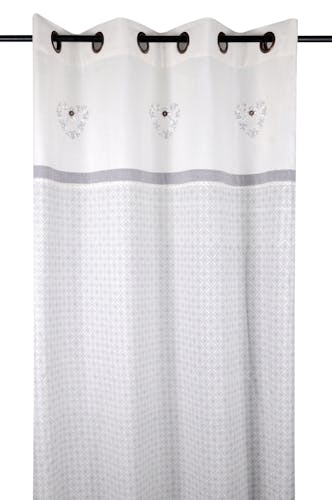Rideau gris et écru décor floral arabesque et coeur brodé avec bouton et bandes grises 135x260cm à oeillets 100% coton MANOIR