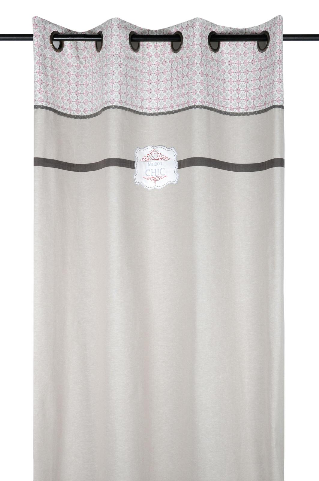 Rideau" Maison Chic" gris et décor façon carreaux de ciment avec bandeau gris foncé et broderie 140x260cm à oeillets CHICK