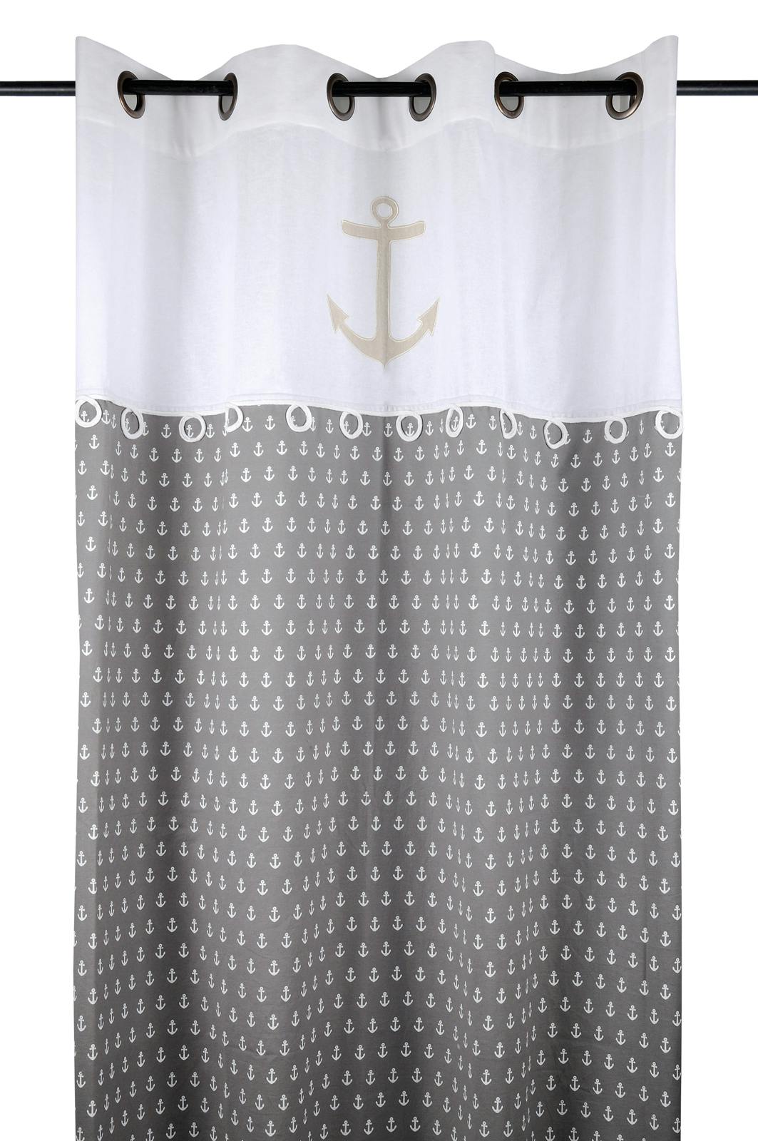 Rideau motifs ancre de bateau gris blanc beige avec broderie et noeuds 135x260cm à oeillets 100% coton EMBRUN