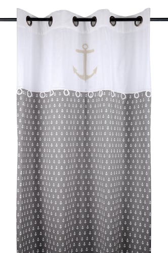 Rideau motifs ancre de bateau gris blanc beige avec broderie et noeuds 135x260cm à oeillets 100% coton EMBRUN