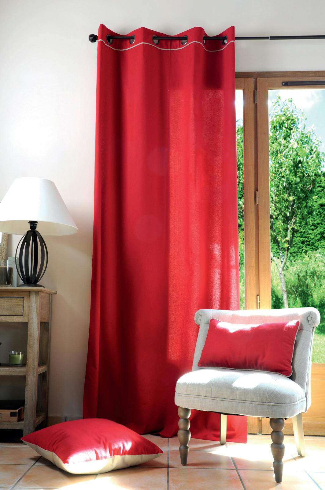 Rideau uni rouge et liseré lin 140x280cm 100% coton DUO