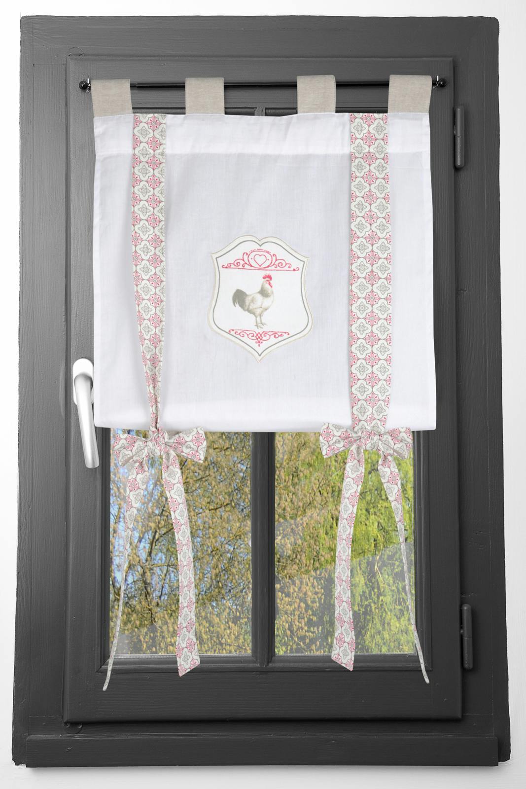 Rideau Vitrage 80x160cm "Coq" blanc avec lien décor façon carreaux de ciments CHICK