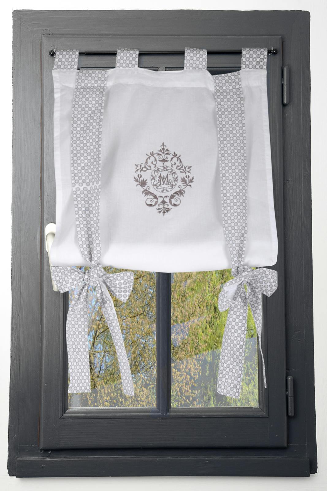 Rideau vitrage blanc romantique brodé ruban à nouer gris 60x140cm 100% coton MELINE