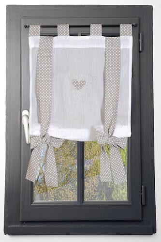 Rideau vitrage blanc romantique coeur brodé ruban à nouer vichy lin 45x100cm 100% coton VERONE