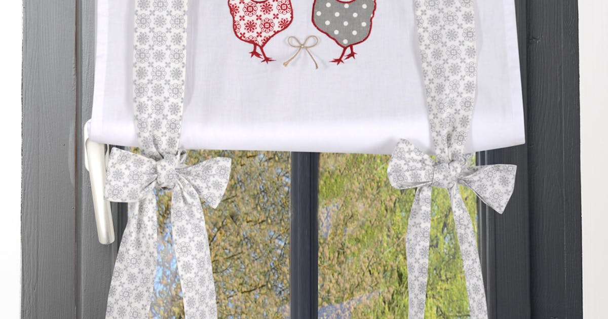 Rideau vitrage campagne romantique blanc et gris décor poules brodées ruban à nouer motif floral rideaux de cuisine avec motif poules
