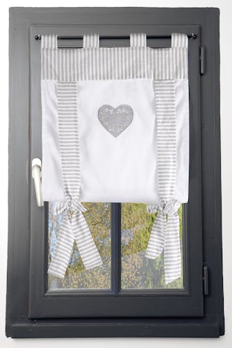 Rideau vitrage romantique rayé écru et gris décor coeur brodé ruban à nouer 45x100cm 100% coton CHINON