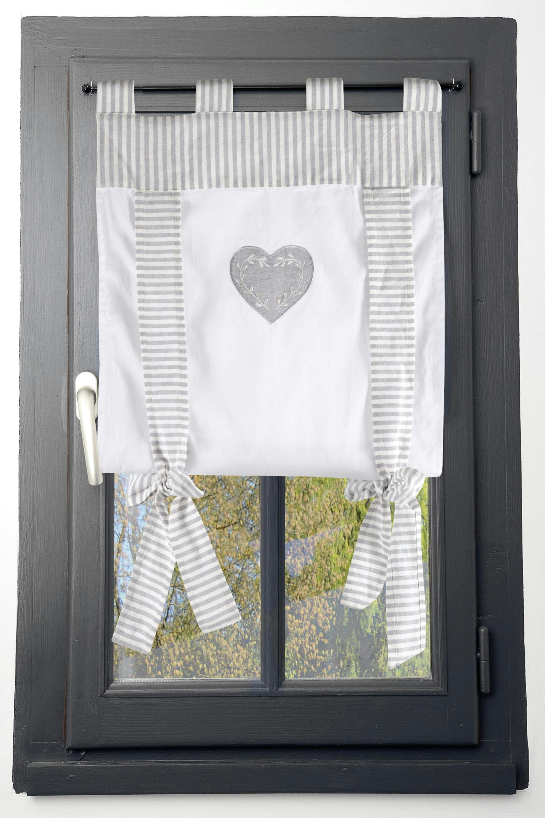 Rideau vitrage romantique rayé écru et gris décor coeur brodé ruban à nouer 60x140cm 100% coton CHINON