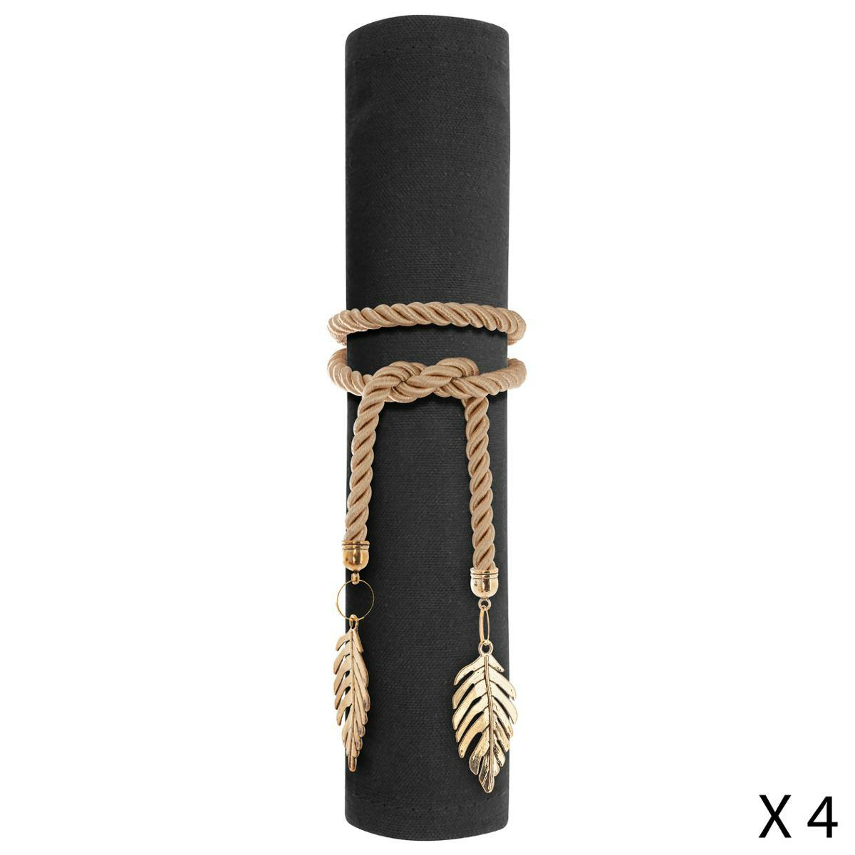 Ronds de serviette corde dorée finition plumes (lot de 4)