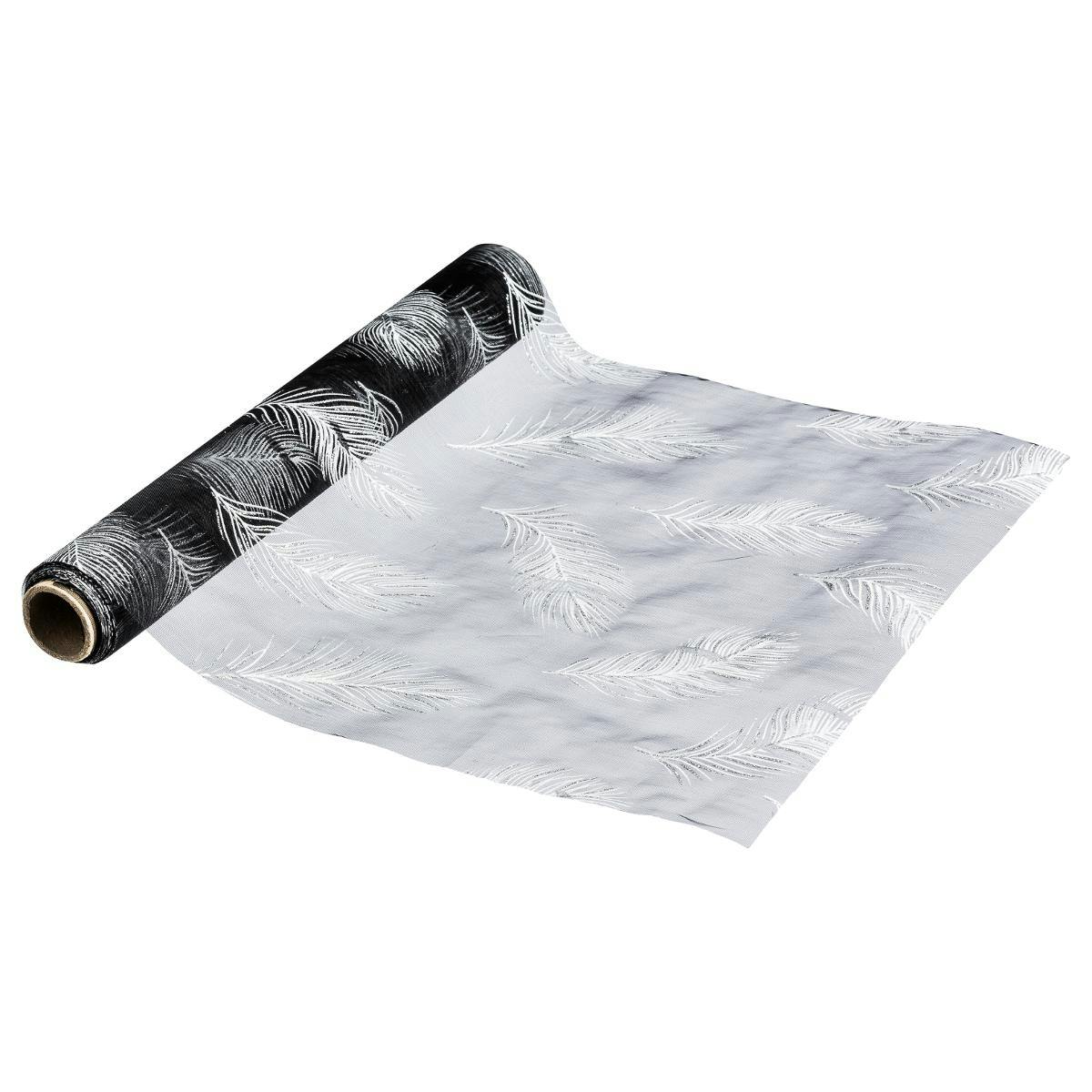 Rouleau de tissu organza noir motif plumes blanches