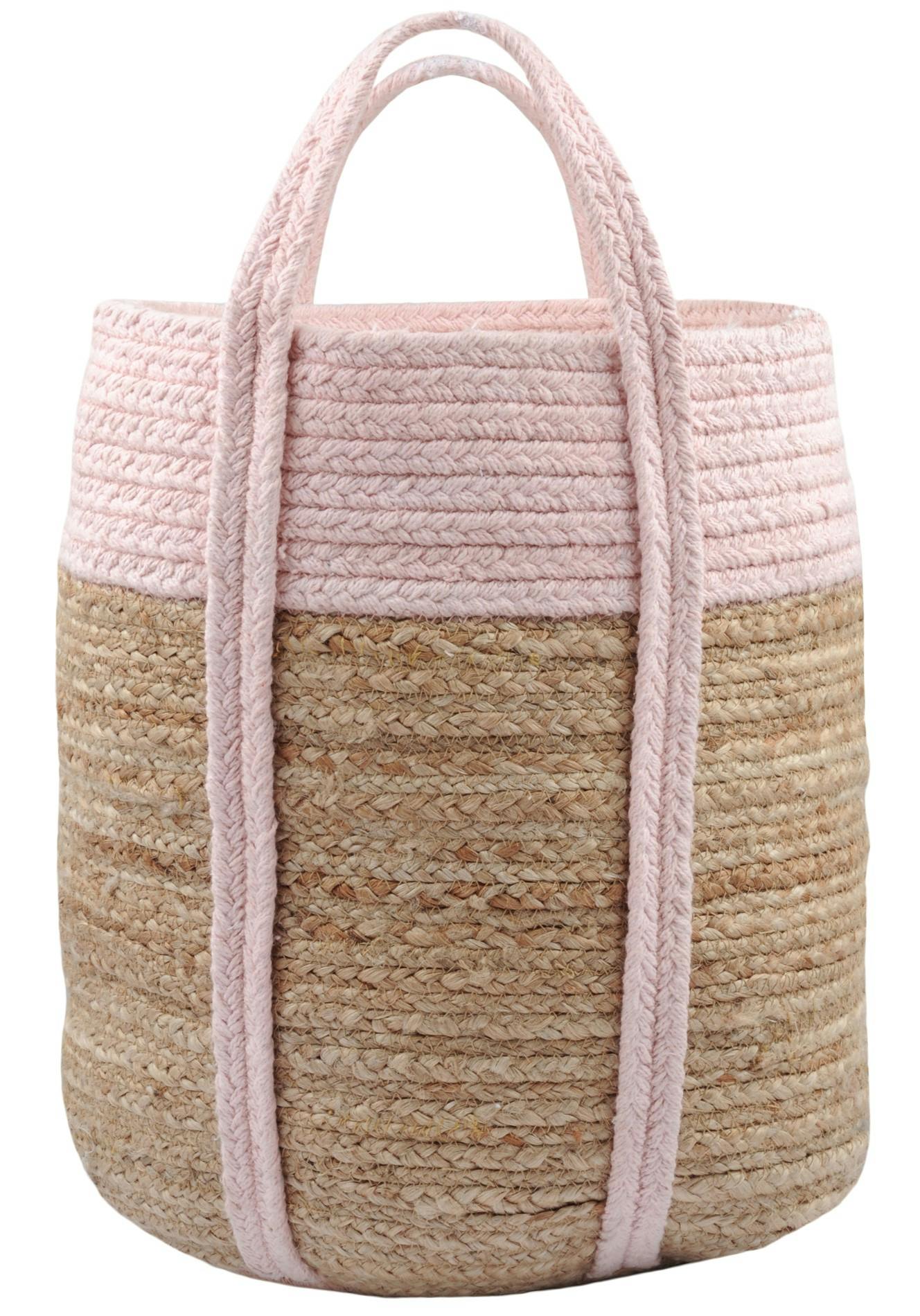 Sac panier déco jute coton rose H35cm