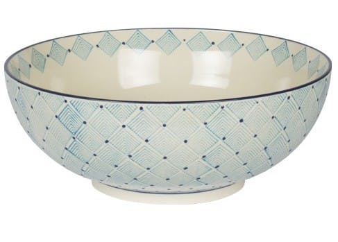 Saladier décor géométrique façon losanges céramique tons bleus clairs D26xH14cm
