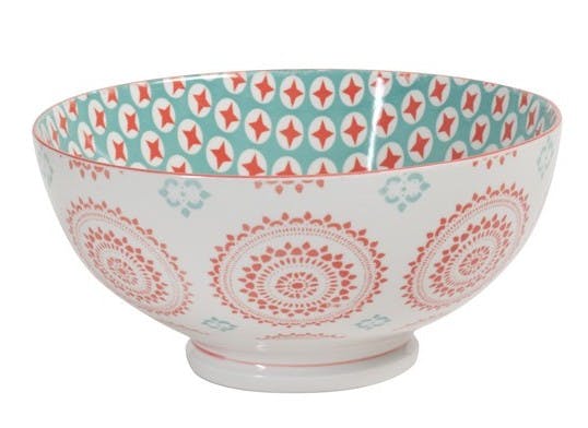 Saladier décor graphique Rosaces porcelaine tons orangés et turquoises D20xH12,5cm