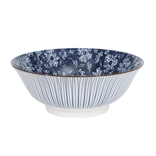 Saladier forme Tulipe décor graphique japonisant porcelaine tons bleus D20cm