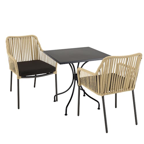 Salon de jardin 1 table carrée métal noir 70x70 cm - 2 fauteuils cordage couleur naturelle 1 coussin noir GIJON