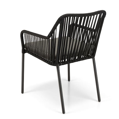 Salon de jardin 1 table carrée métal noir 70x70 cm - 2 fauteuils cordage noir 1 coussin gris GIJON