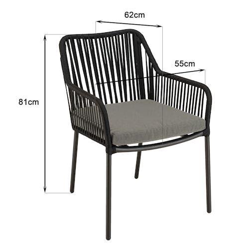 Salon de jardin 1 table carrée métal noir 70x70 cm - 2 fauteuils cordage noir 1 coussin gris GIJON