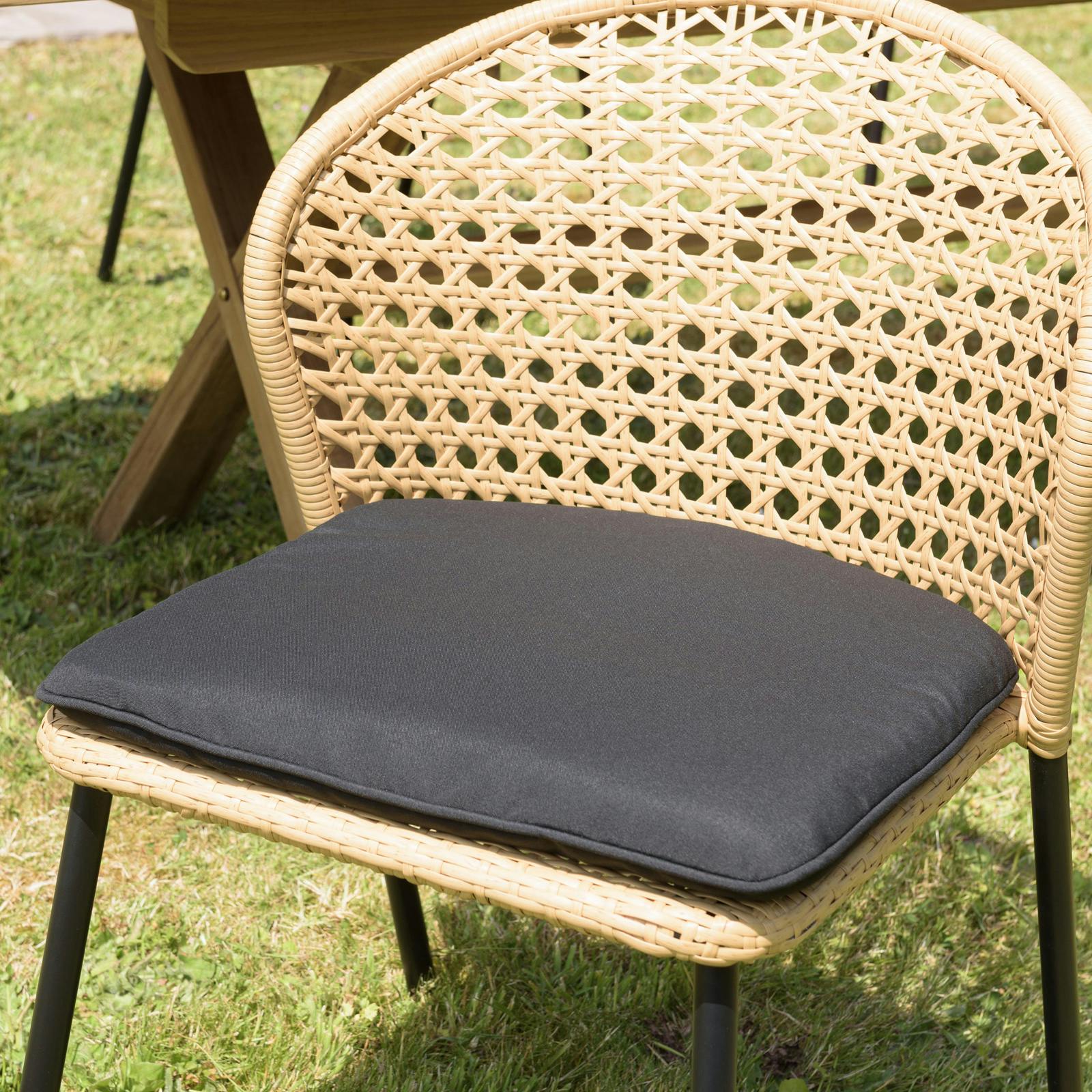 Salon de jardin 1 table ronde métal noir D70 cm - 2 chaises rotin synthétique couleur naturelle coussin noir GIJON