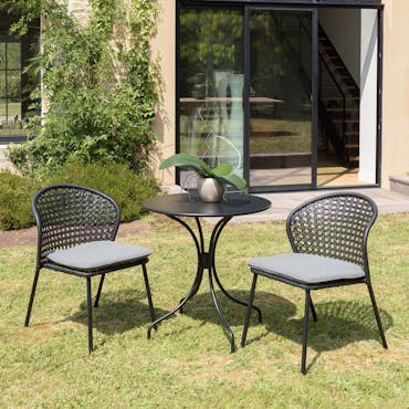  Salon de jardin 1 table ronde métal noir D70 cm - 2 chaises rotin synthétique noir coussin gris GIJON