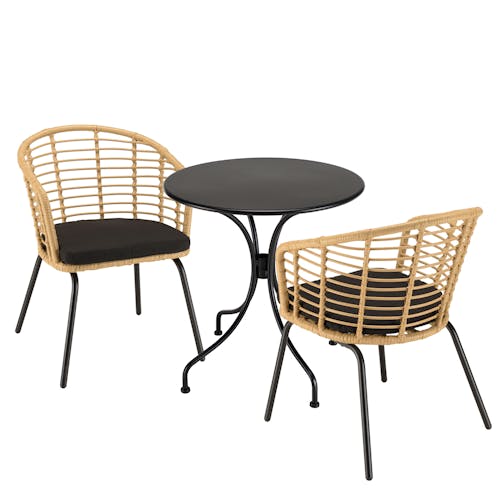 Salon de jardin 1 table ronde métal noir D70 cm - 2 fauteuils rotin synthétique ajouré couleur naturelle coussin noir GIJON