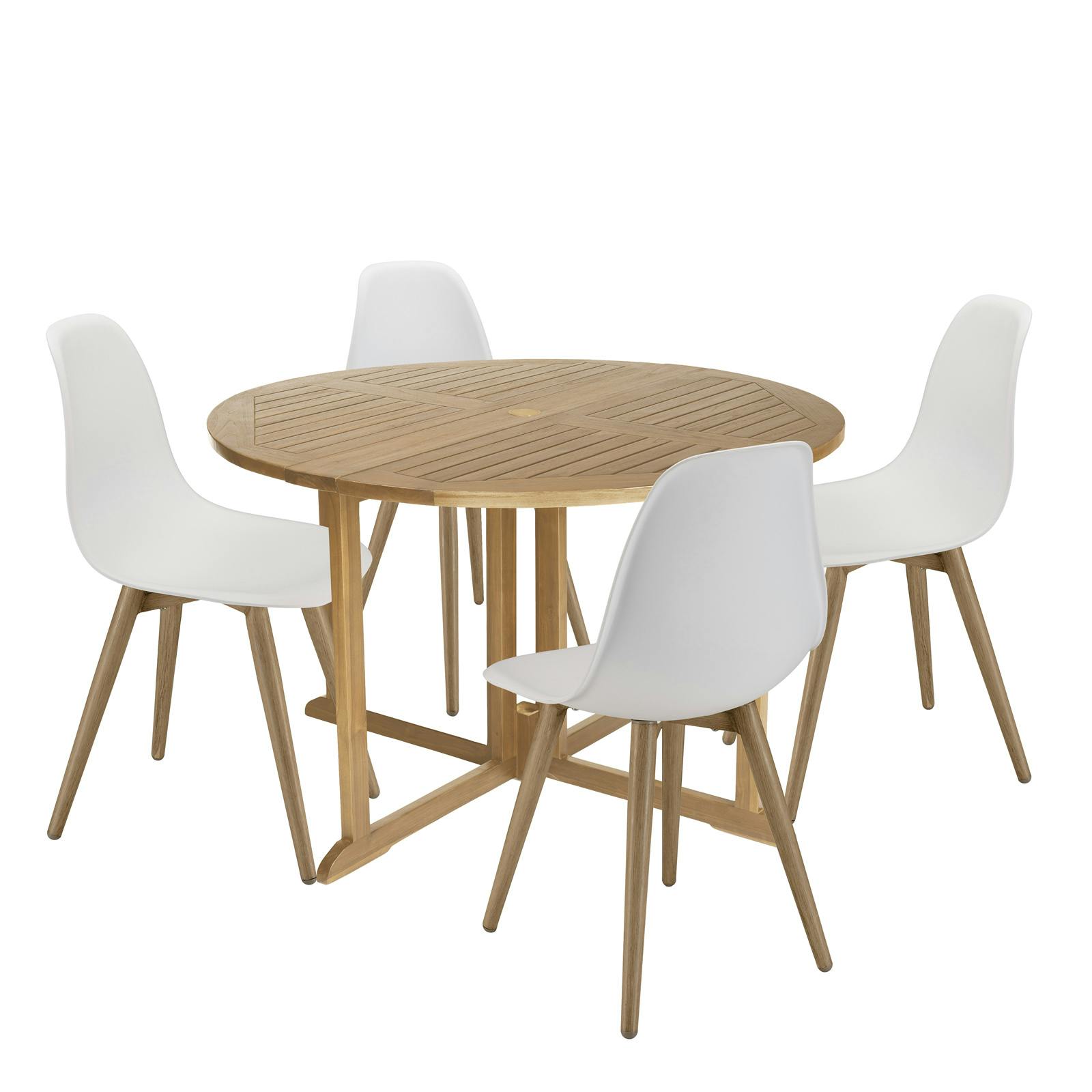Salon de jardin 1 table ronde teck D120 cm - 4 chaises blanches pieds couleur naturelle GIJON