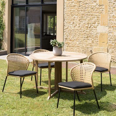  Salon de jardin 1 table ronde teck D120 cm - 4 chaises rotin synthétique couleur naturelle avec coussin GIJON