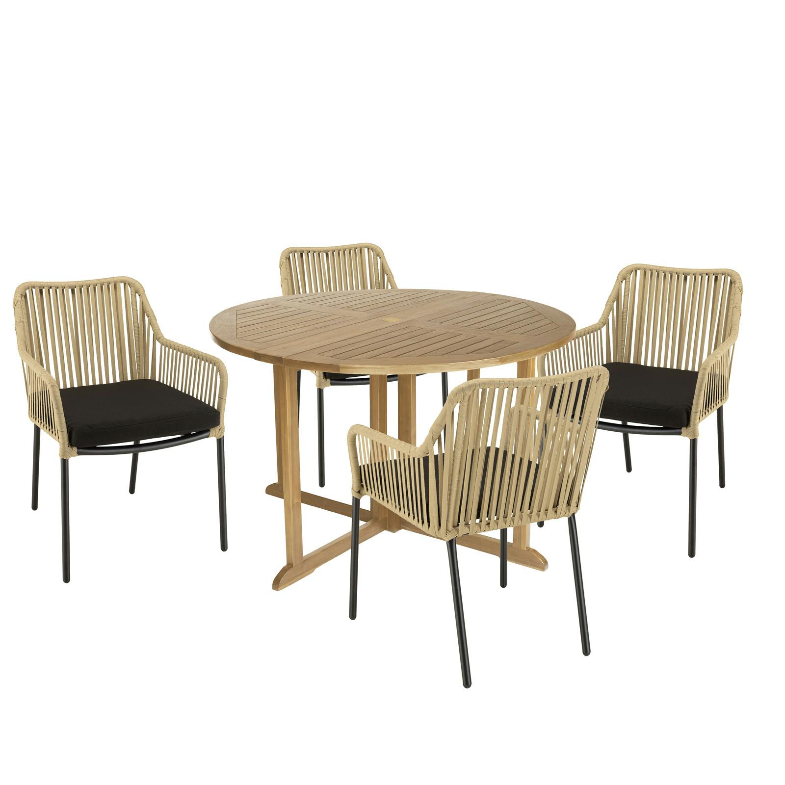 Salon de jardin 1 table ronde teck D120 cm - 4 fauteuils cordage couleur naturelle 1 coussin noir GIJON