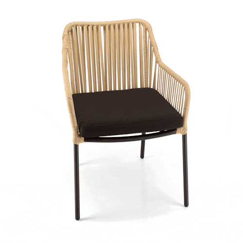 Salon de jardin 1 table ronde teck D120 cm - 4 fauteuils cordage couleur naturelle 1 coussin noir GIJON