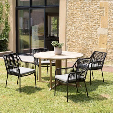 Salon de jardin 1 table ronde teck D120 cm - 4 fauteuils cordage noir 1 coussin gris GIJON