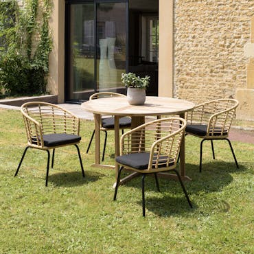  Salon de jardin 1 table ronde teck D120 cm - 4 fauteuils rotin synthétique ajouré couleur naturelle coussin noir GIJON