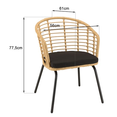 Salon de jardin 1 table ronde teck D120 cm - 4 fauteuils rotin synthétique ajouré couleur naturelle coussin noir GIJON